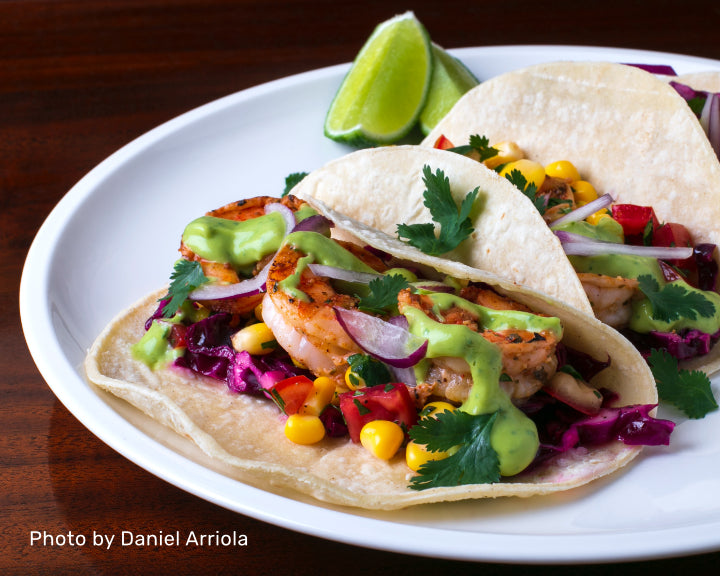 Gulf Shrimp Tacos w/ Cilantro Crema & Slaw