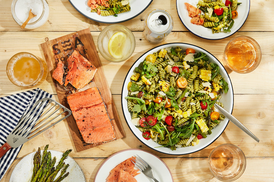 Cedar Plank-Grilled Alaska Coho Salmon with Fresh Pasta Salad