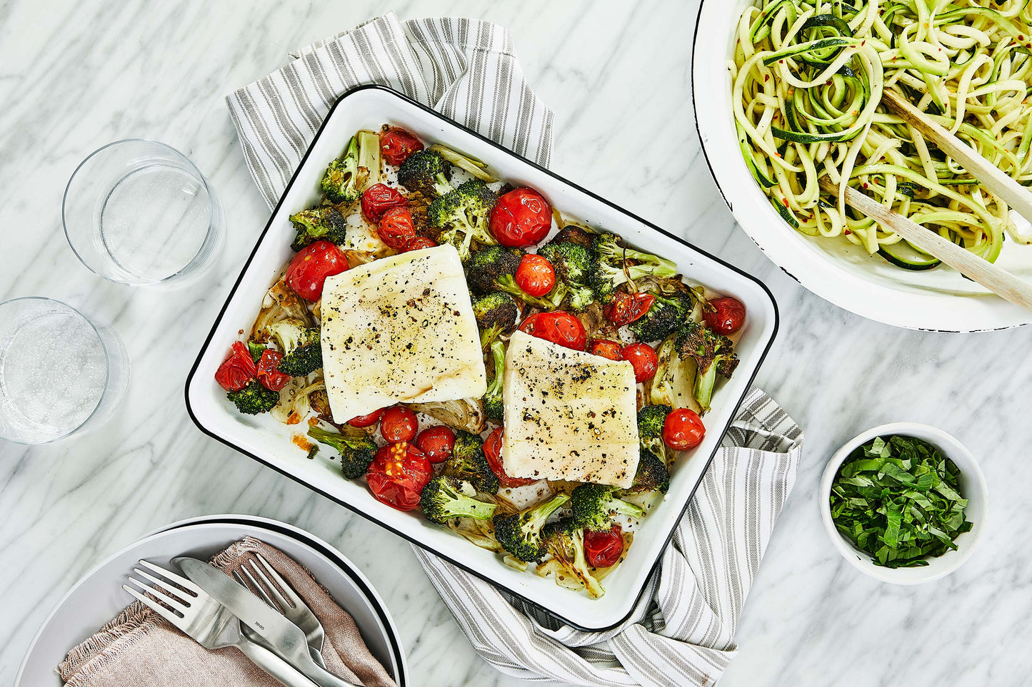 Oven-Baked Cod (or Halibut) with Zoodles